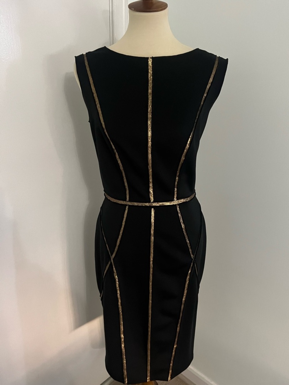 Tadashi Shoji Black Midi Dress with Gold Trim - Sleek Sheath